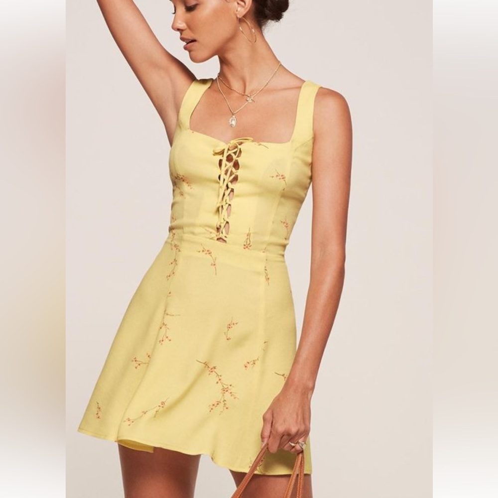 ReformationYellow Floral Lace-Up Dress